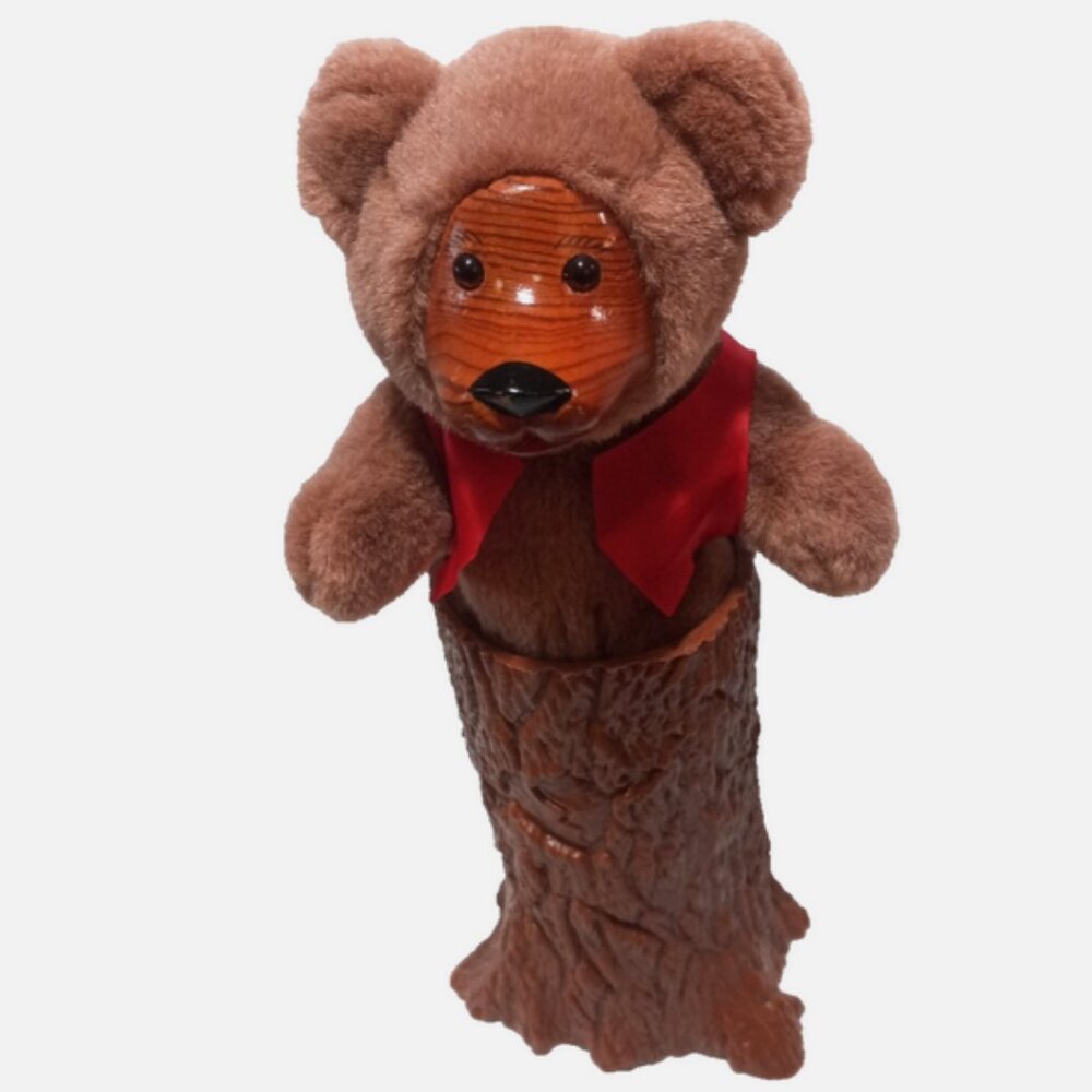 Wood Face Bear FTD Plush in Tree Trunk Figurine / Collectible Teddy Bear